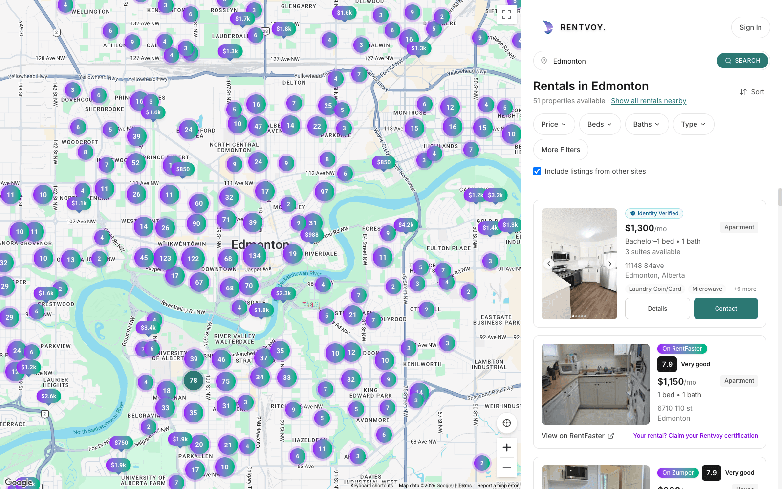 Rentvoy rental search with a map and listings from multiple platforms